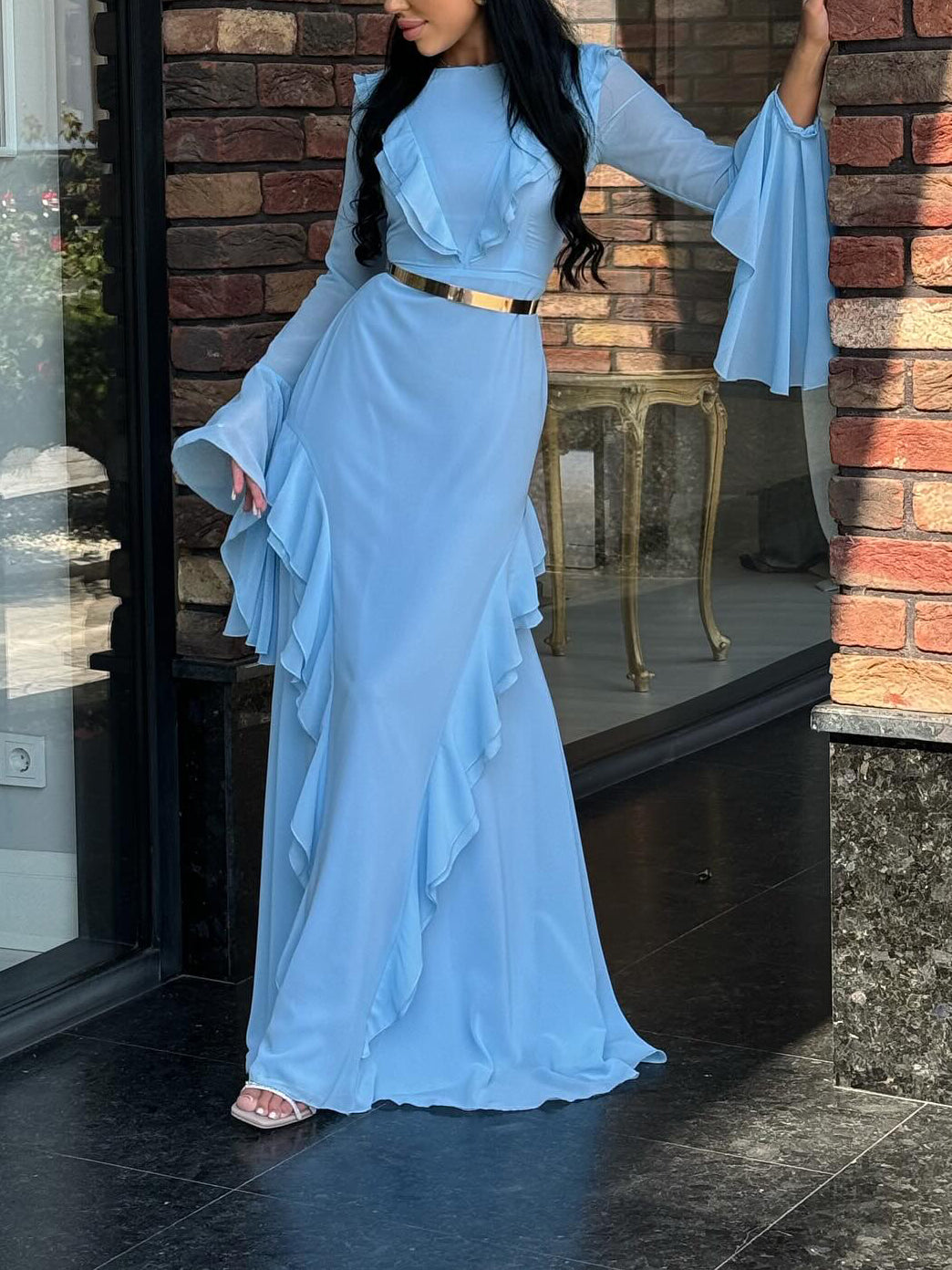 Women’s Round Neck Maxi Dress, Ruffled Long Sleeve Elegant Evening Dress