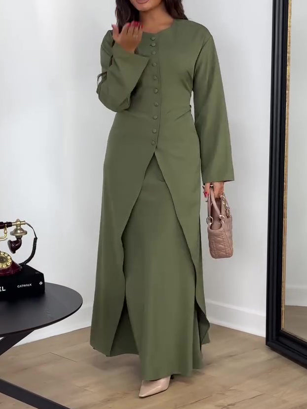 Elegant Solid-Color Long-Sleeve Top & Skirt Two-Piece Set