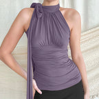 French-Elegant Collarless Pleated Top for Women
