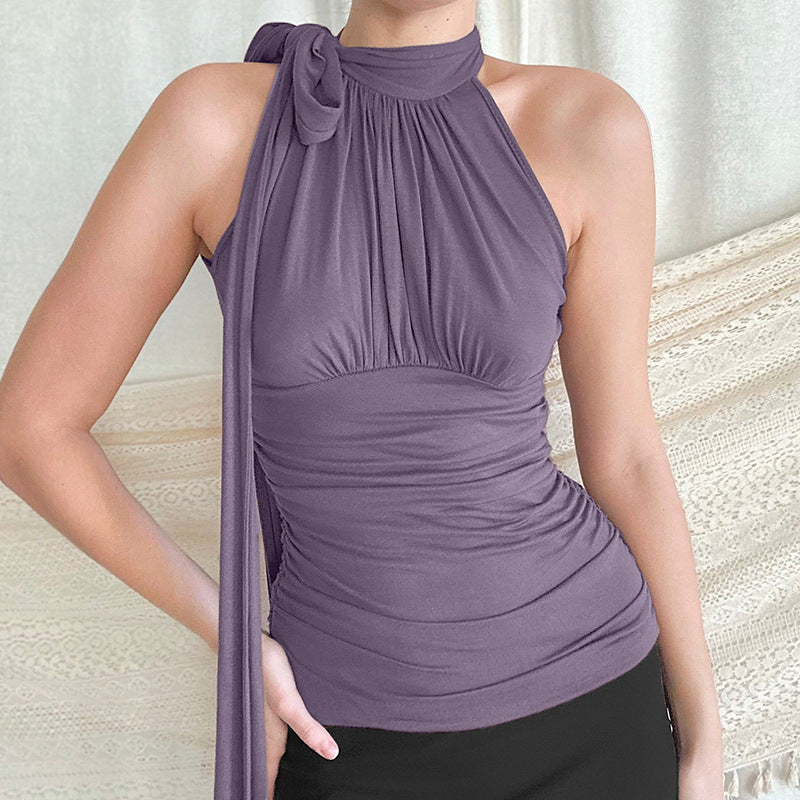 French-Elegant Collarless Pleated Top for Women