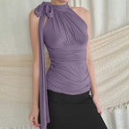 French-Elegant Collarless Pleated Top for Women