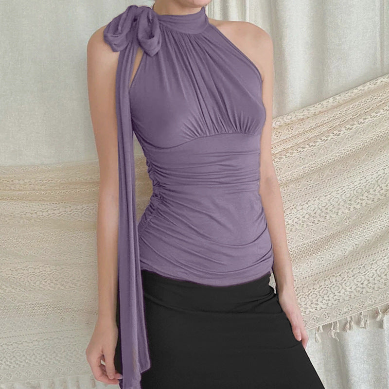 French-Elegant Collarless Pleated Top for Women