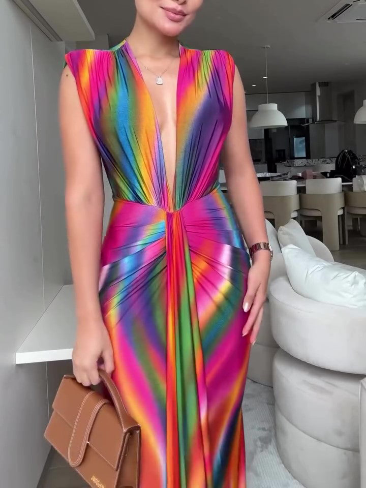 Women’s Deep V-Neck Rainbow Pleated Maxi Dress