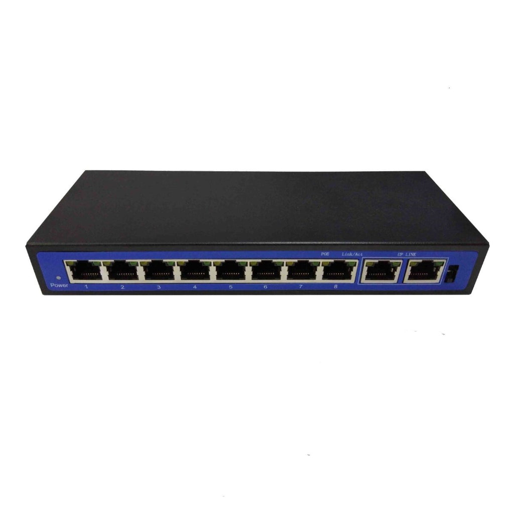 10-Port PoE Network Switch: 8 PoE Ports + 2 Uplink, 100M, 48V External Power - Sixin1