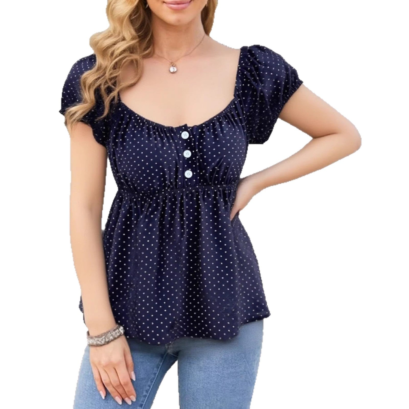 Polka Dot Square Neck Puff Sleeve Short
