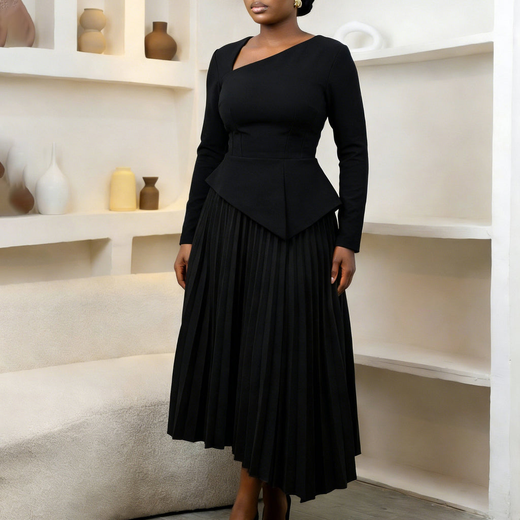 Asymmetrical Neck High-Waisted Midi Dress: Modern Elegant Silhouette