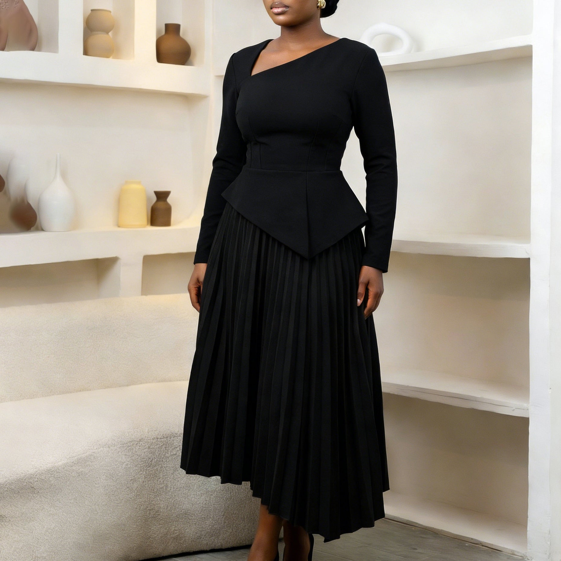 Asymmetrical Neck High-Waisted Midi Dress: Modern Elegant Silhouette