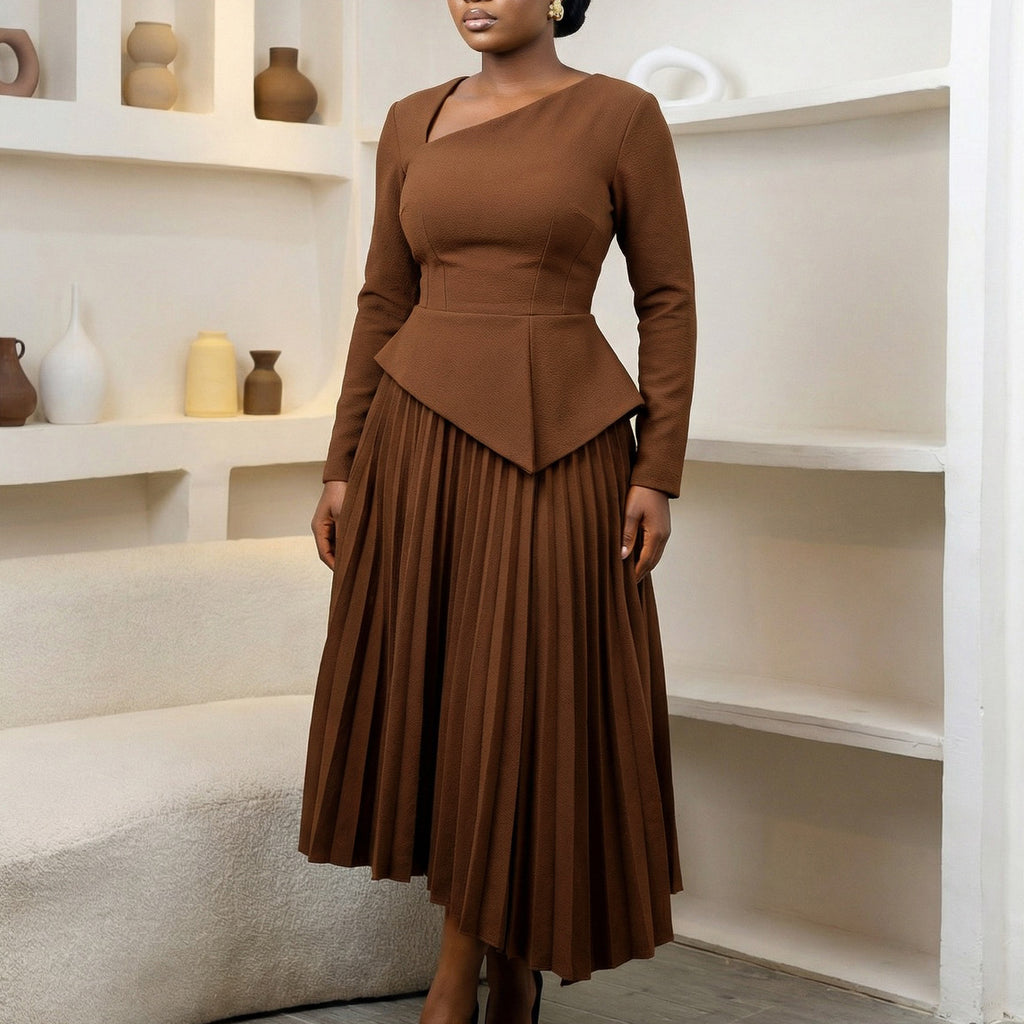 Asymmetrical Neck High-Waisted Midi Dress: Modern Elegant Silhouette