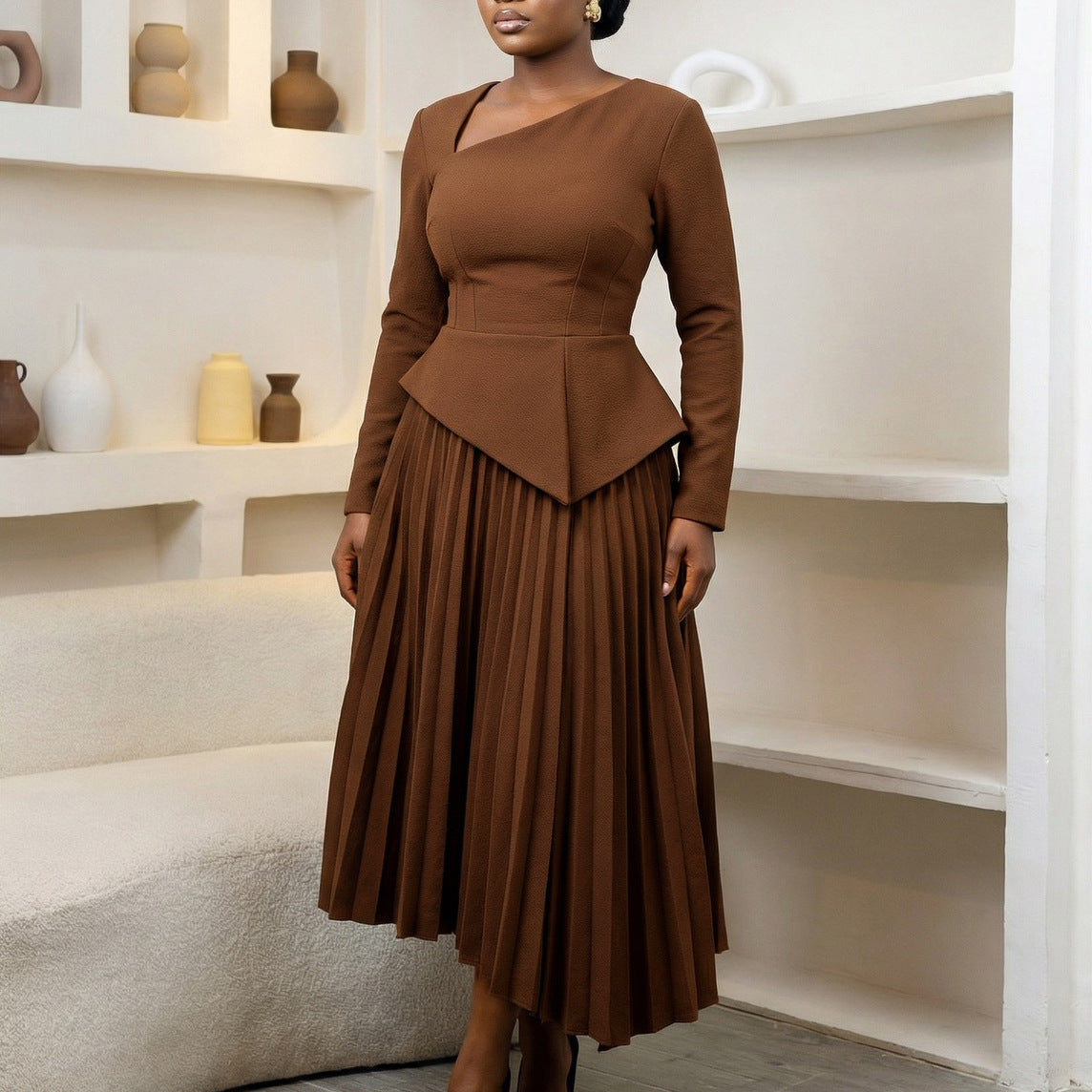 Asymmetrical Neck High-Waisted Midi Dress: Modern Elegant Silhouette