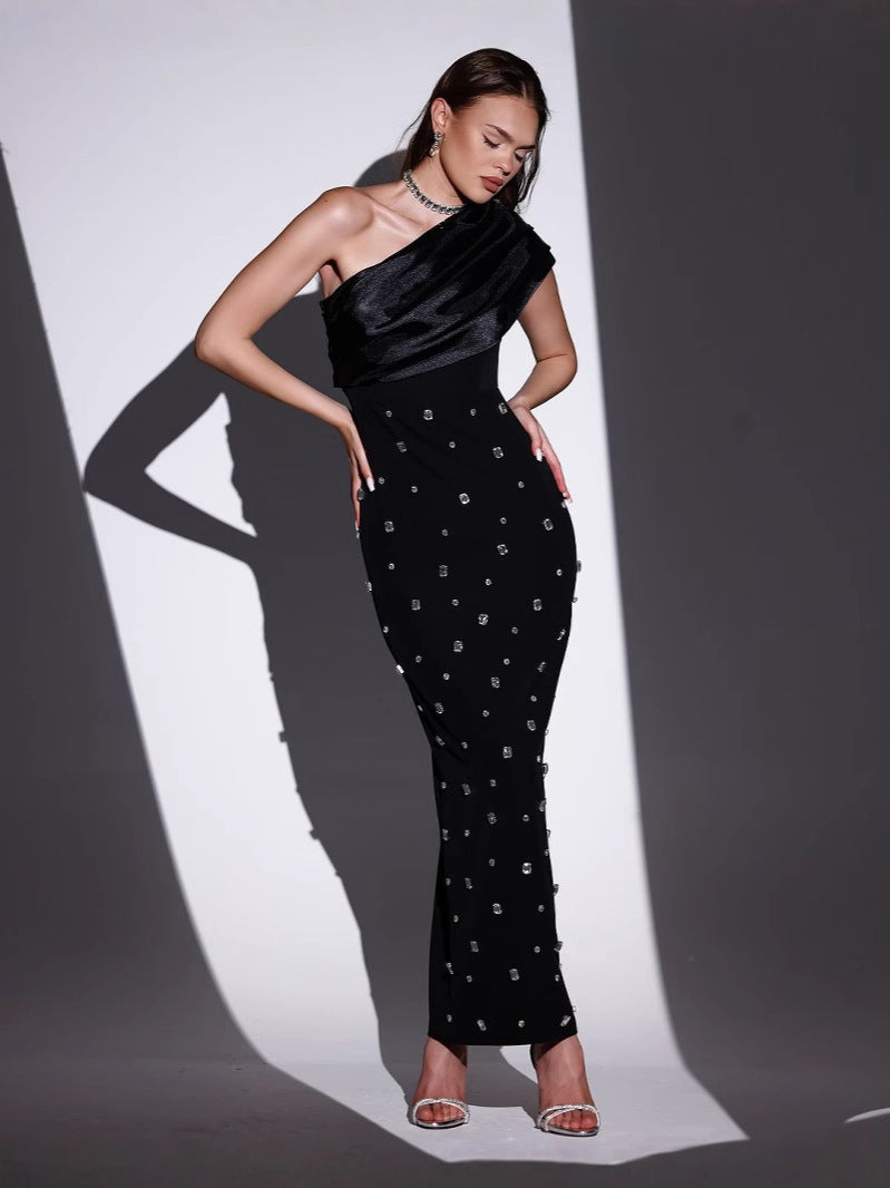 Off-Shoulder Diamond Black Evening Dress