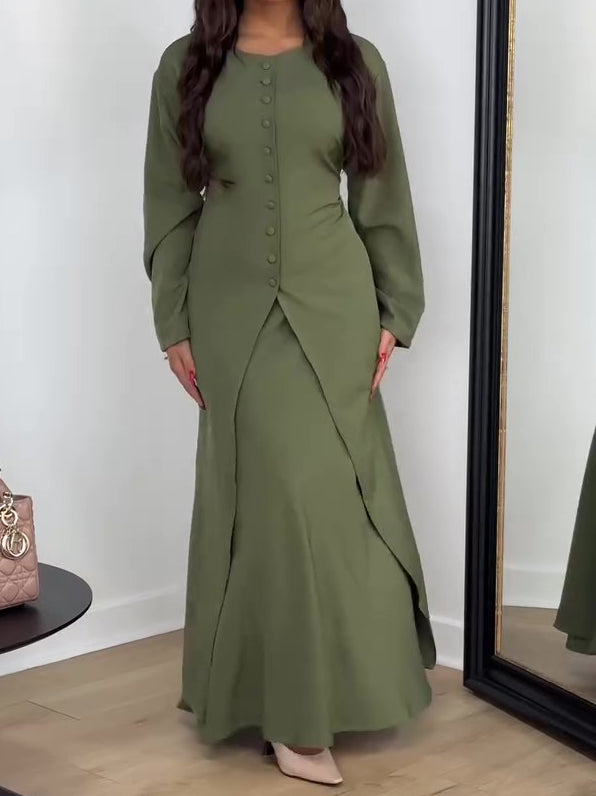 Elegant Solid-Color Long-Sleeve Top & Skirt Two-Piece Set
