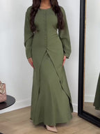 Elegant Solid-Color Long-Sleeve Top & Skirt Two-Piece Set