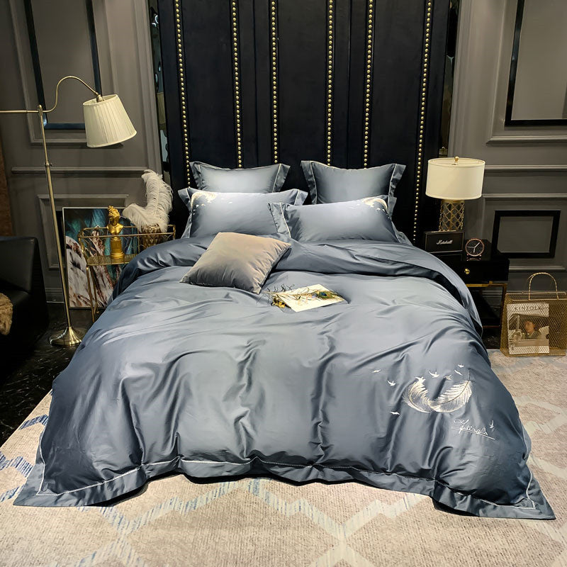 Egyptian Cotton Bedding Set, Silky Soft Luxury Feather Design Bed Sheet & Pillowcase Set