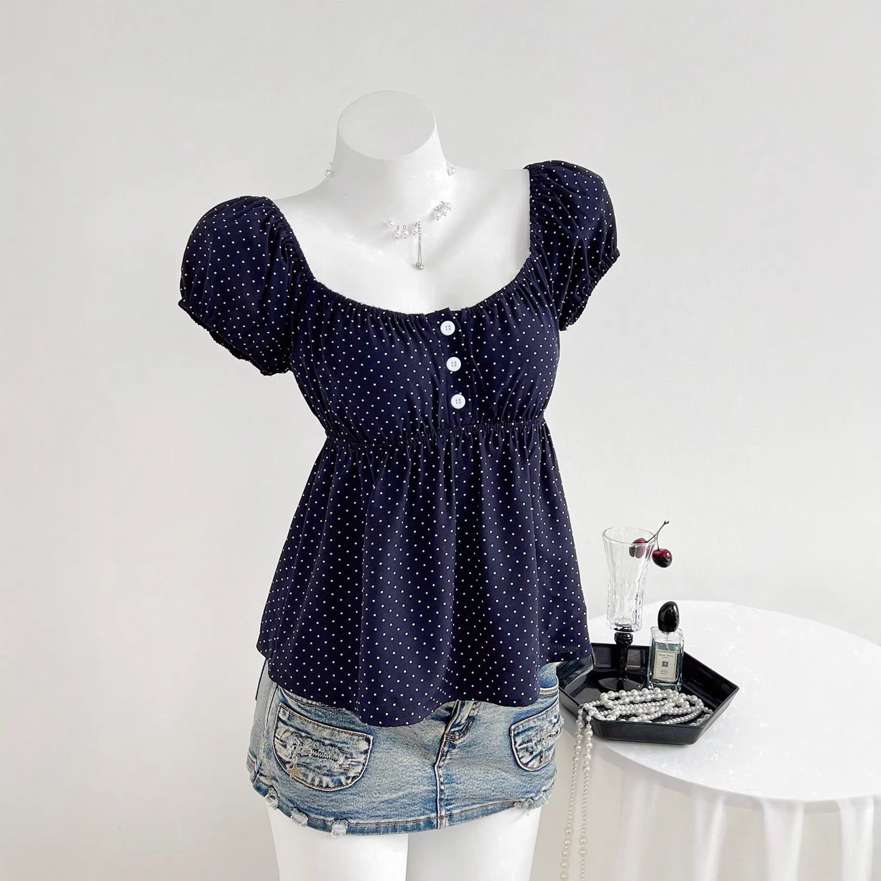 Polka Dot Square Neck Puff Sleeve Short