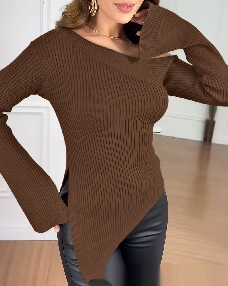 Chic One-Shoulder Asymmetrical Knit Top with Side Slit
