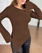 Chic One-Shoulder Asymmetrical Knit Top with Side Slit