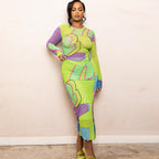 Stylish Printed Bodycon Dress: Women’s Long Sleeve Crew Neck Look