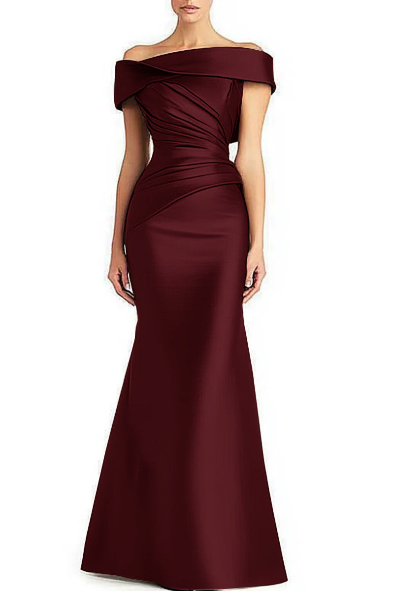 Women’s Pleated Off-Shoulder Evening Maxi Dress – Elegant Mother of the Bride Gown