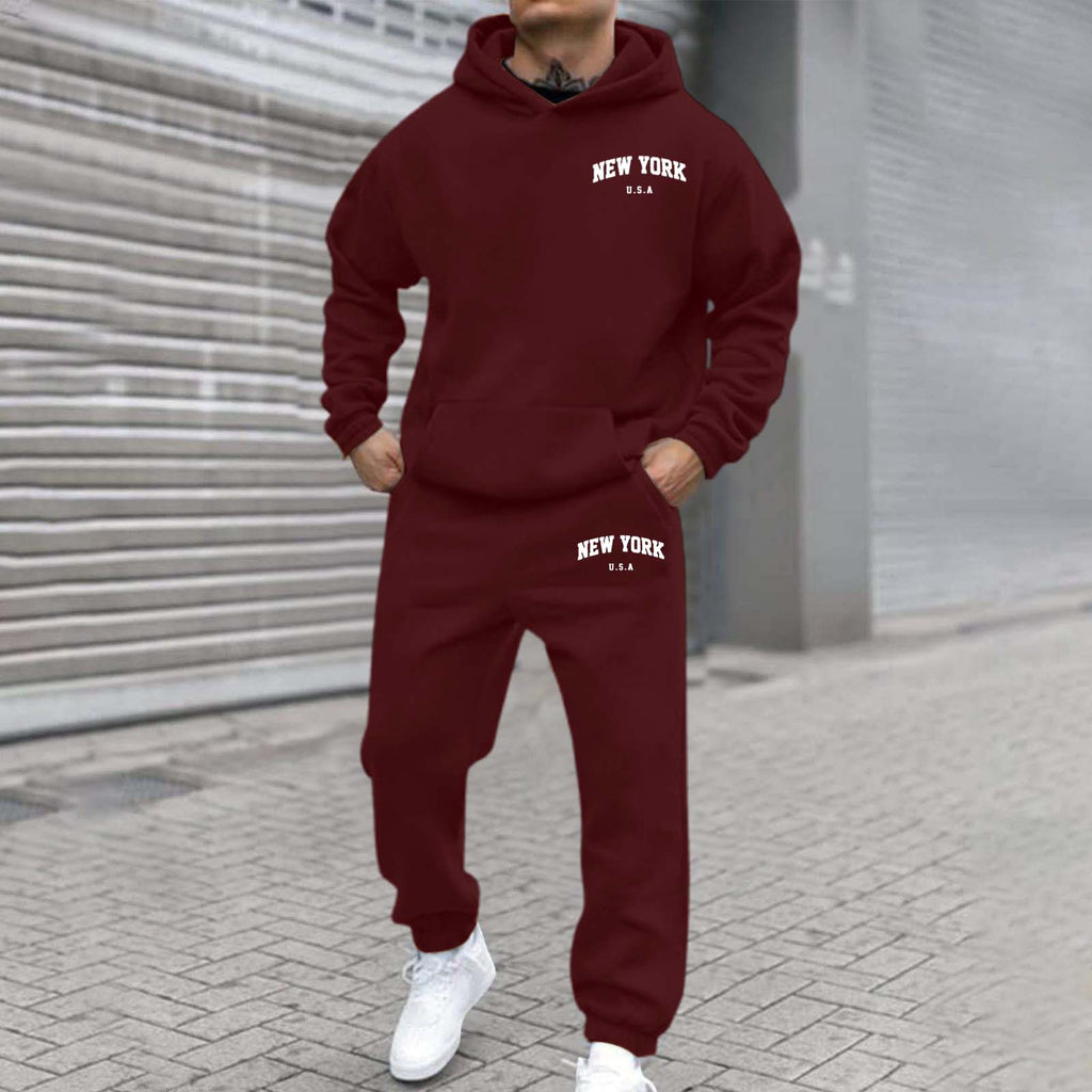 Printed Hoodie Set for Men: Fleece-Lined Sweatshirt & Jogger Outfit