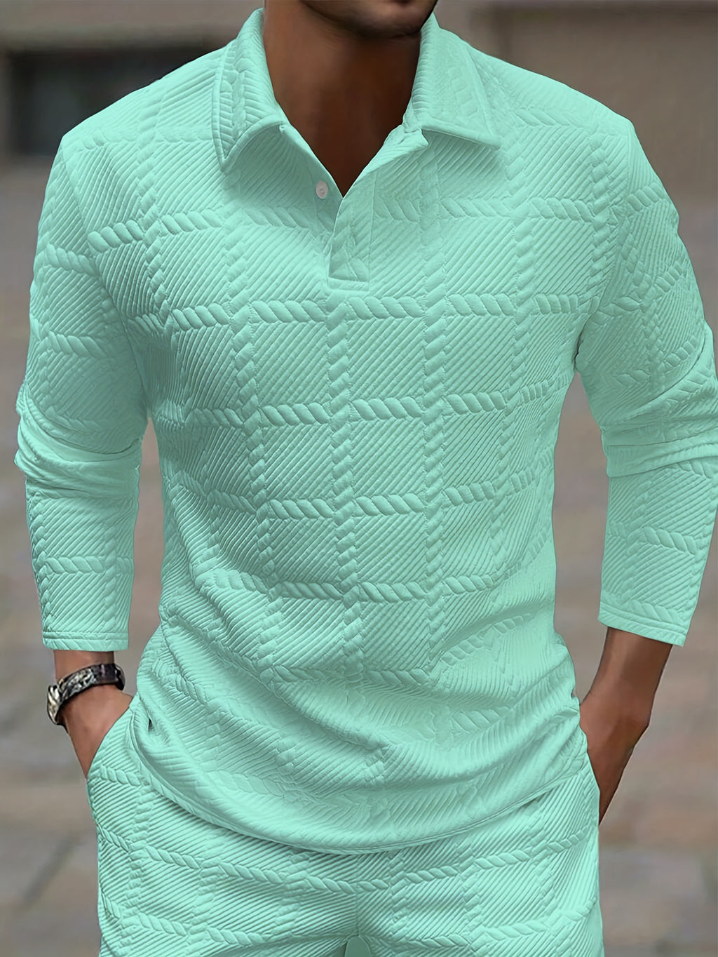 Classic Solid-Color Button-Front Long-Sleeve Polo Shirt for Men