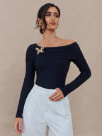 Women’s Off-the-Shoulder Long-Sleeve Top with Brooch