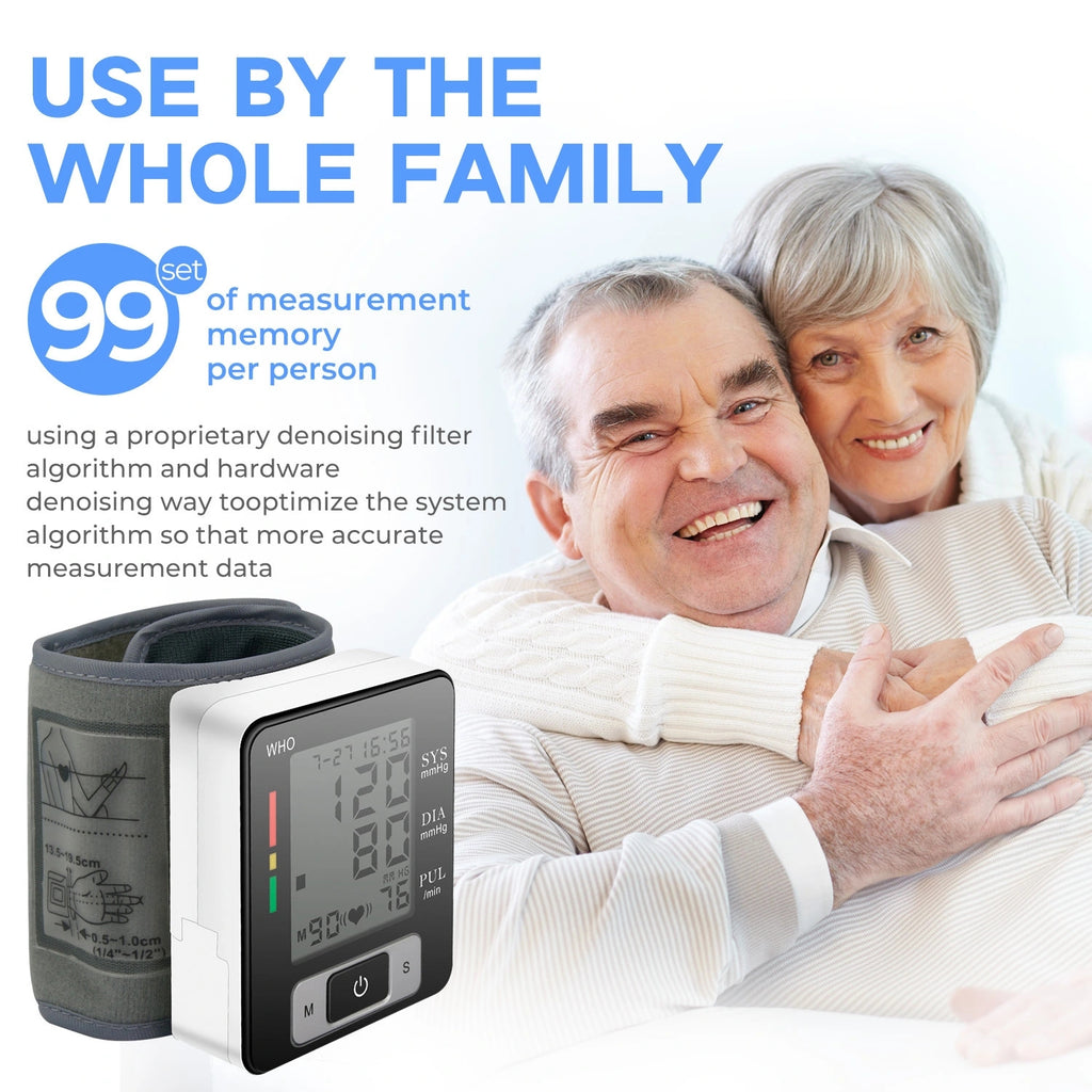 Wrist Blood Pressure Monitor – Adjustable Wrist Cuff, 90-Reading Memory, Digital BP Machine for Home & Clinical Use