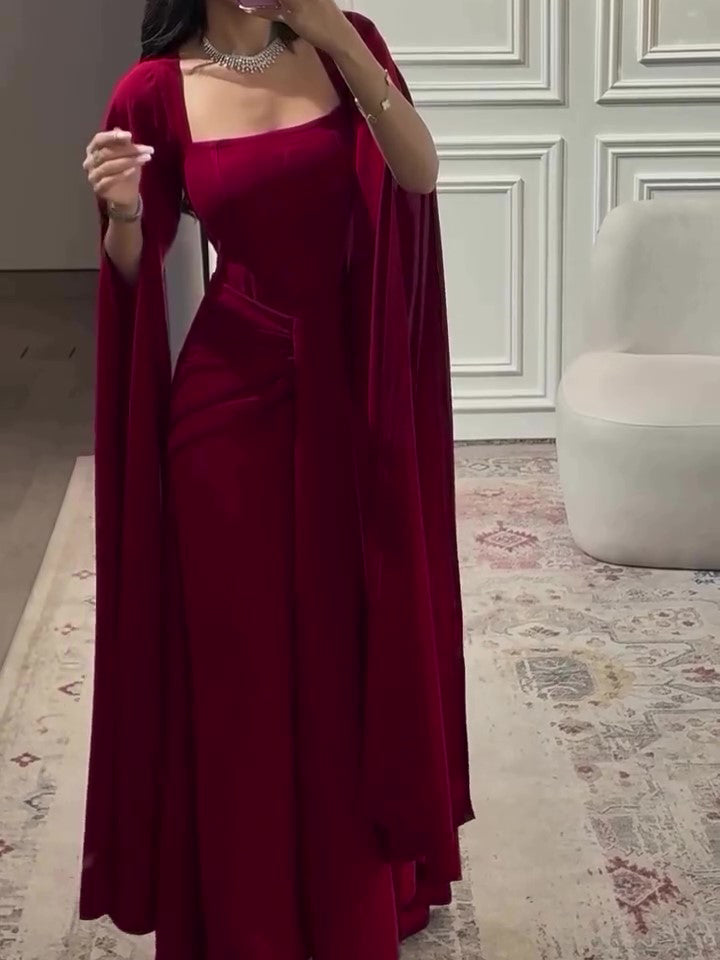 Burgundy Square-Neck Cape Maxi Dress
