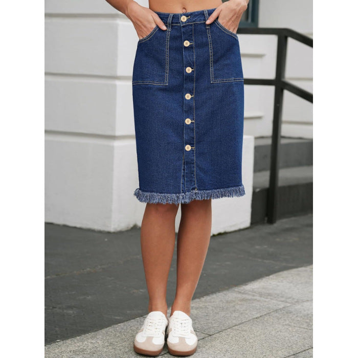 Women’s Stretch Denim Skirt: Raw Hem Elegant Casual Style