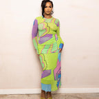 Stylish Printed Bodycon Dress: Women’s Long Sleeve Crew Neck Look
