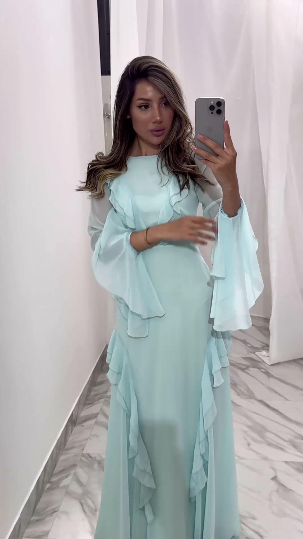 Women’s Round Neck Maxi Dress, Ruffled Long Sleeve Elegant Evening Dress