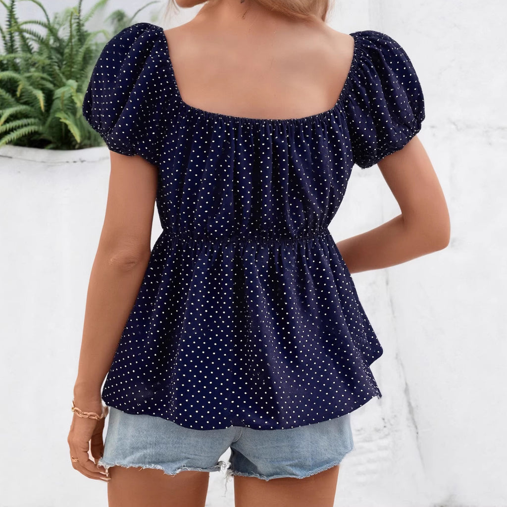 Polka Dot Square Neck Puff Sleeve Short