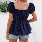 Polka Dot Square Neck Puff Sleeve Short
