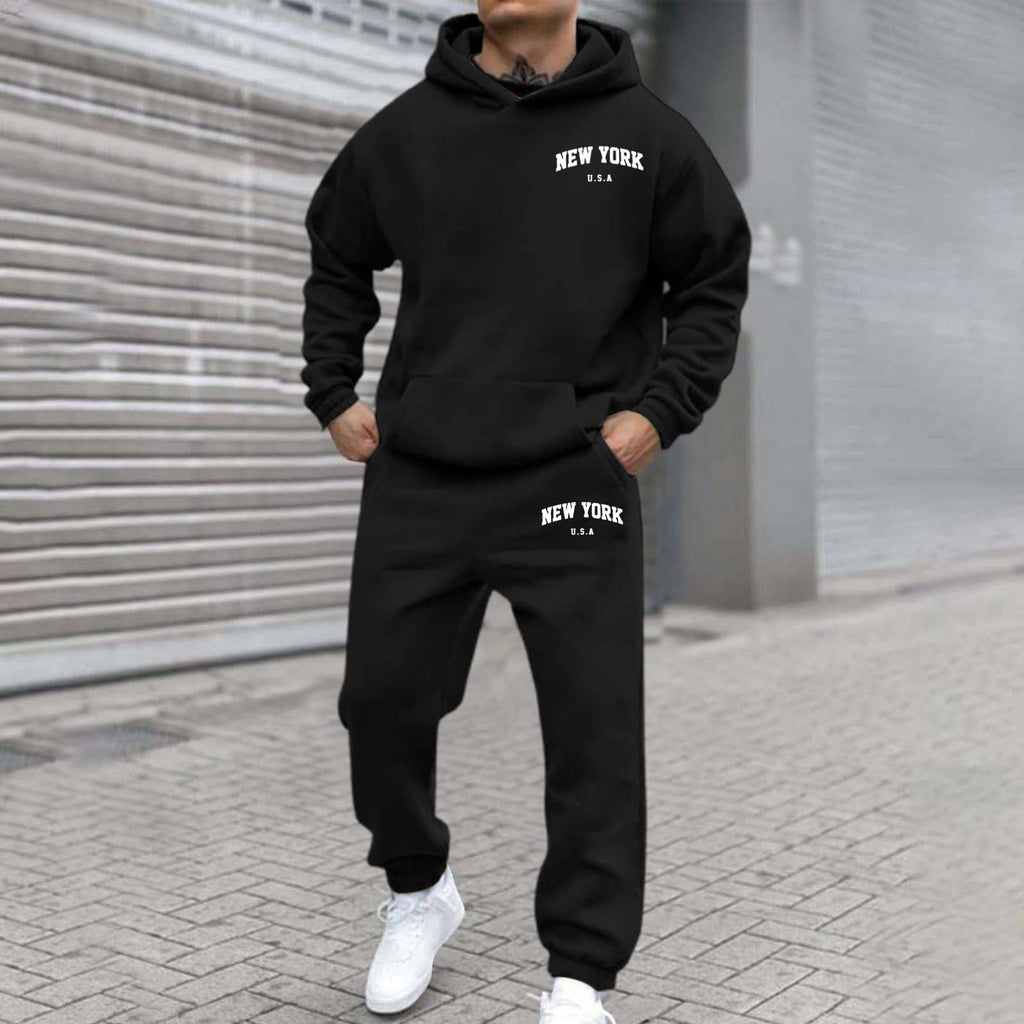 Printed Hoodie Set for Men: Fleece-Lined Sweatshirt & Jogger Outfit