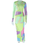 Stylish Printed Bodycon Dress: Women’s Long Sleeve Crew Neck Look