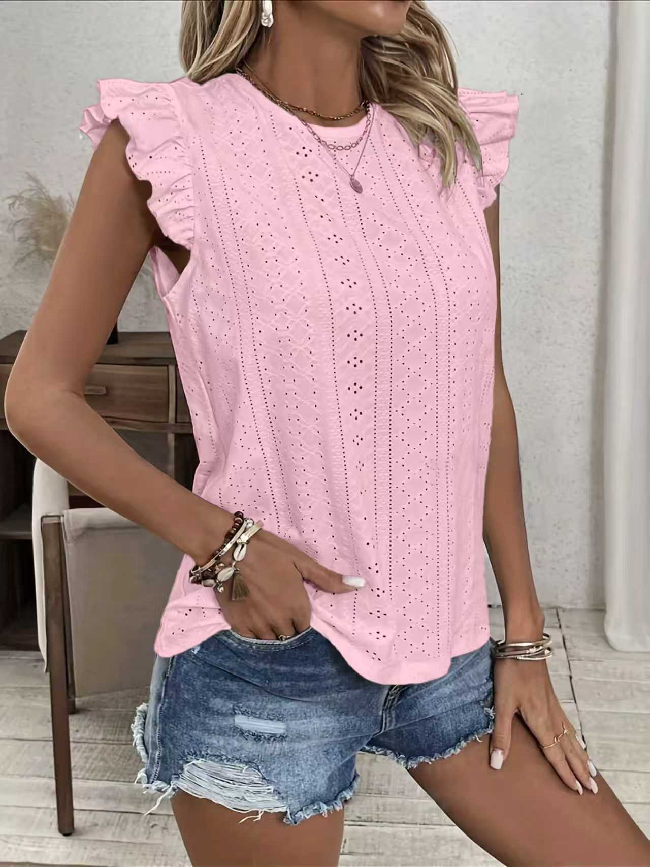 Women’s Solid-Color Blouse with Ruffle Sleeves and Back Tie Detail