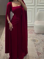 Burgundy Square-Neck Cape Maxi Dress