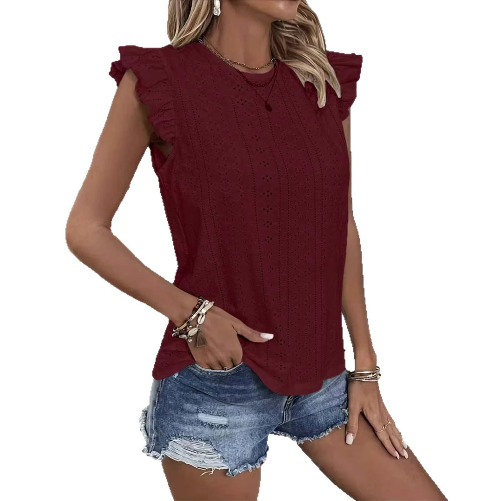 Women’s Solid-Color Blouse with Ruffle Sleeves and Back Tie Detail