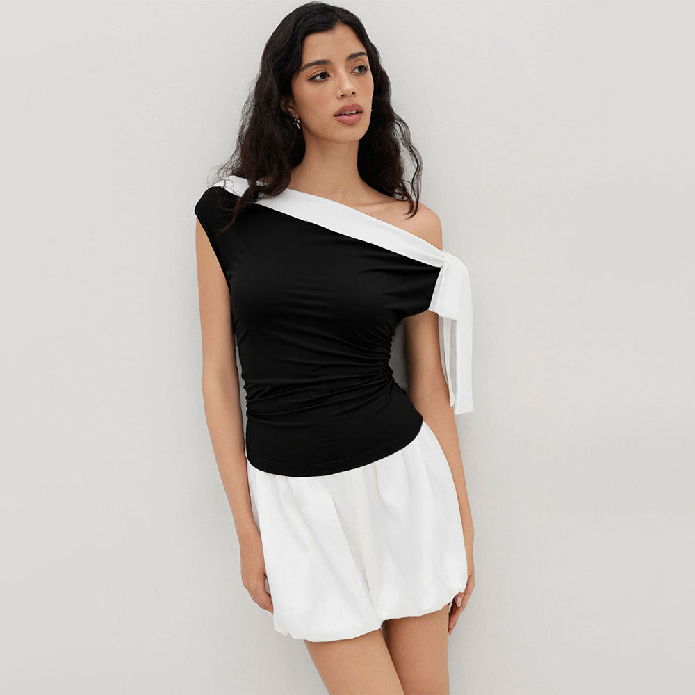 Women’s Color-Block Off-Shoulder Sleeveless Top with Bow-Tie Neck