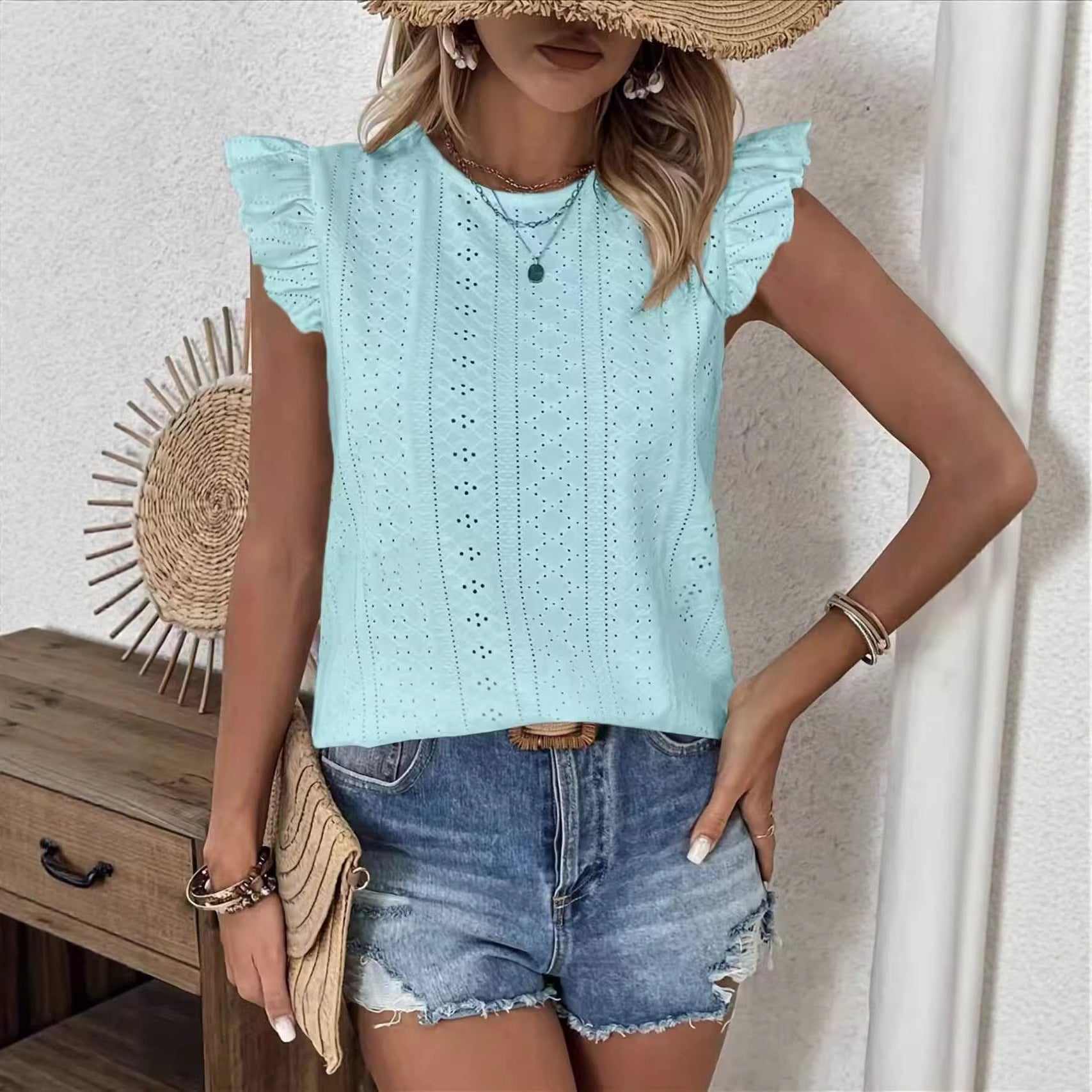 Women’s Solid-Color Blouse with Ruffle Sleeves and Back Tie Detail