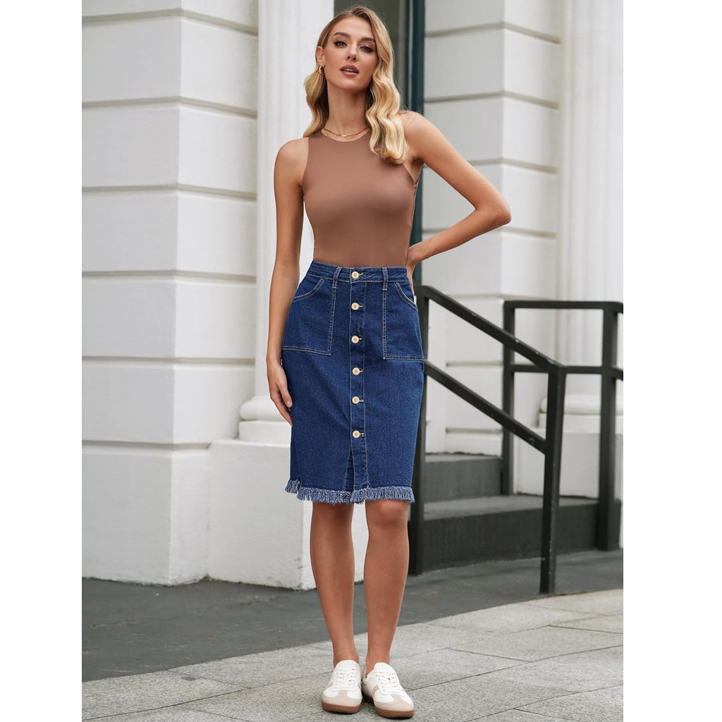 Women’s Stretch Denim Skirt: Raw Hem Elegant Casual Style