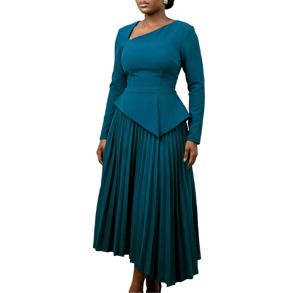 Asymmetrical Neck High-Waisted Midi Dress: Modern Elegant Silhouette