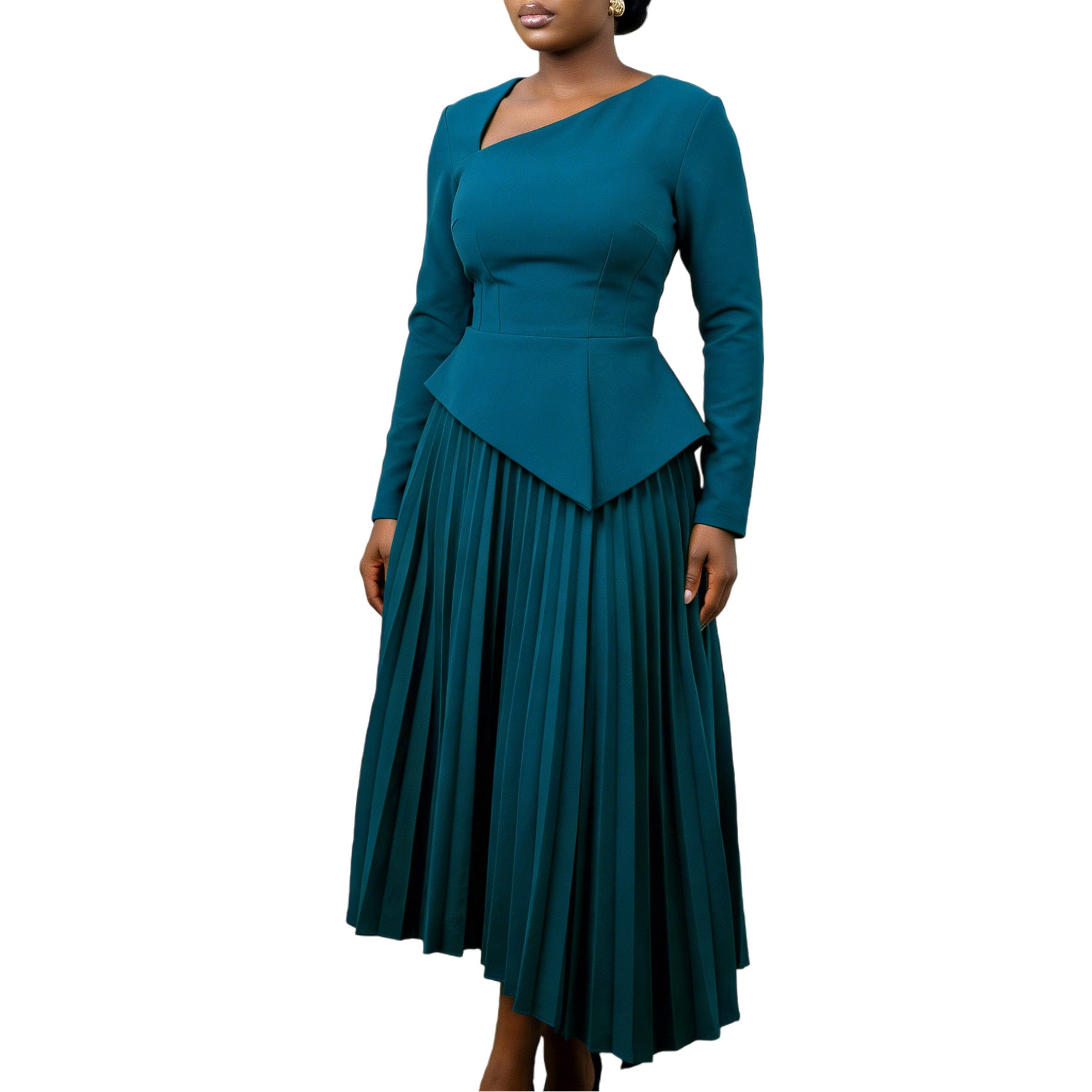 Asymmetrical Neck High-Waisted Midi Dress: Modern Elegant Silhouette