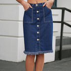 Women’s Stretch Denim Skirt: Raw Hem Elegant Casual Style
