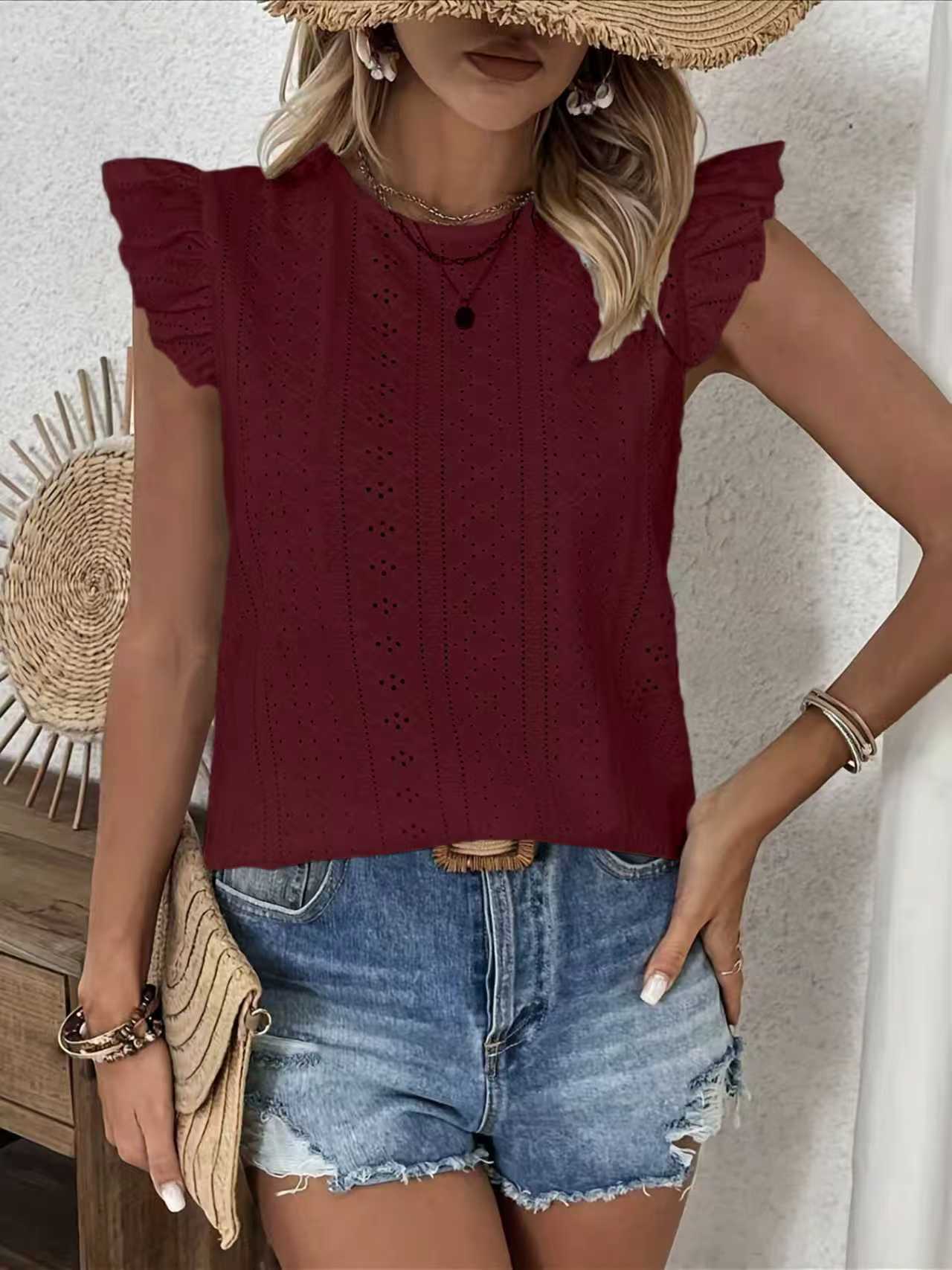 Women’s Solid-Color Blouse with Ruffle Sleeves and Back Tie Detail