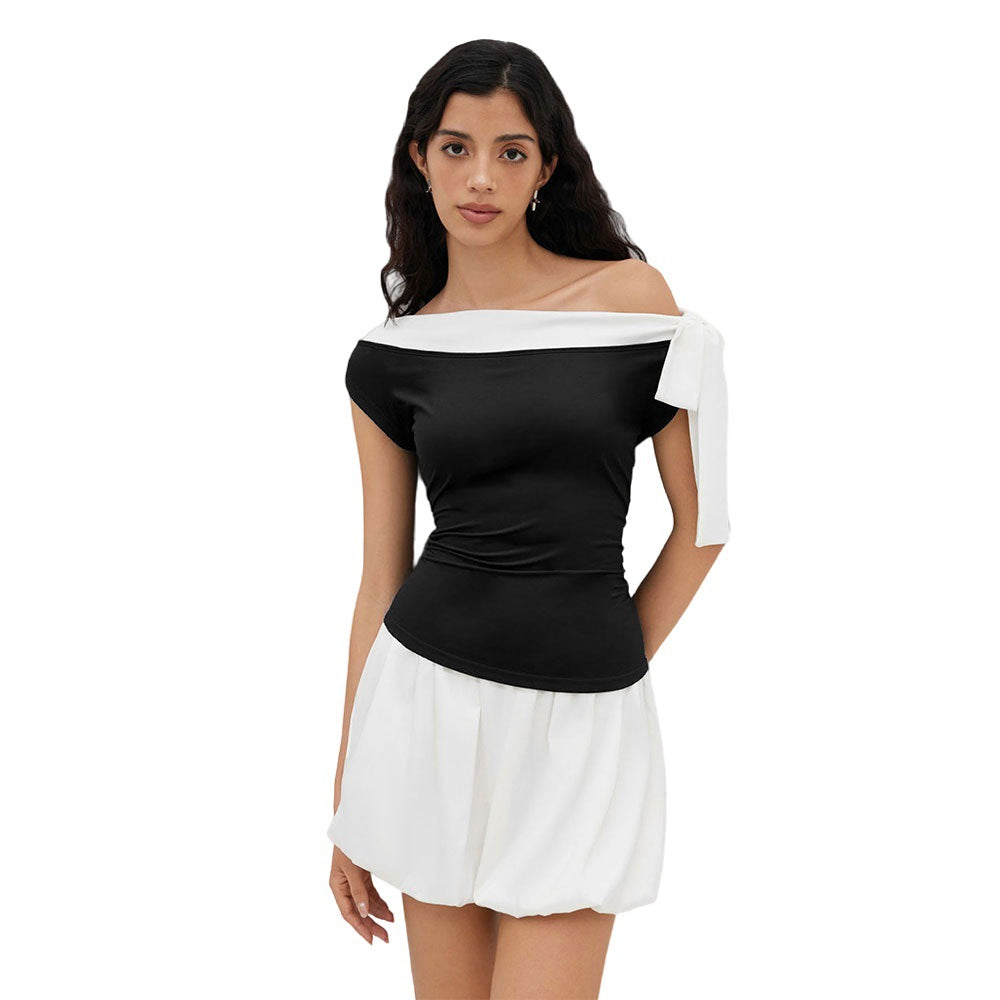 Women’s Color-Block Off-Shoulder Sleeveless Top with Bow-Tie Neck