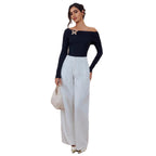Women’s Off-the-Shoulder Long-Sleeve Top with Brooch