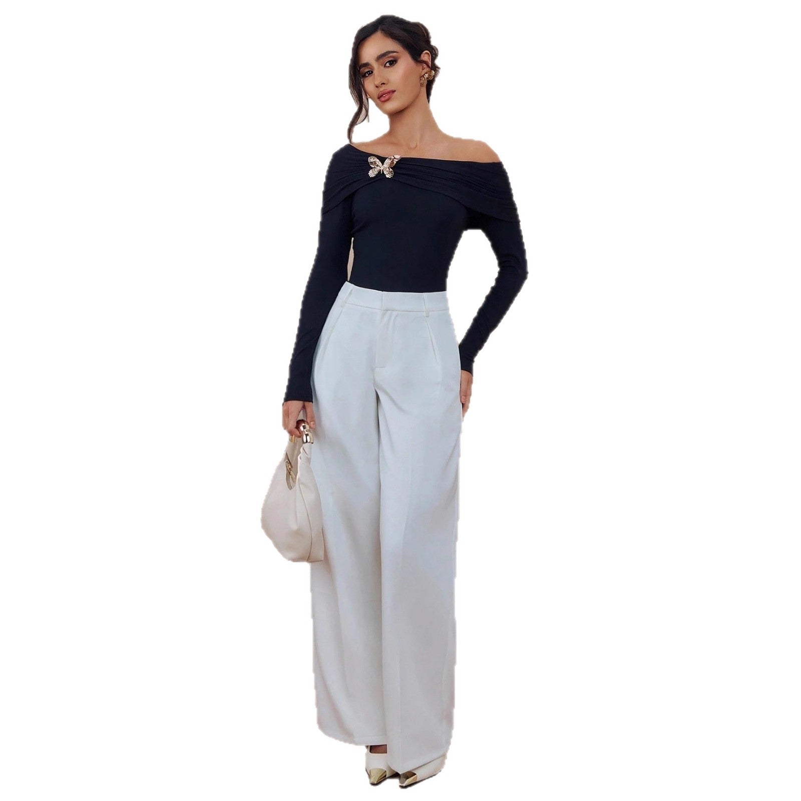 Women’s Off-the-Shoulder Long-Sleeve Top with Brooch