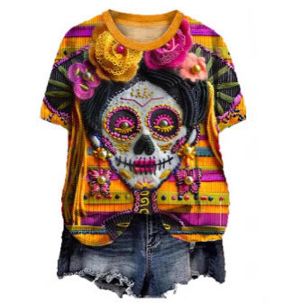Trendy Skull Print Loose-Fit Crew-Neck T-Shirt