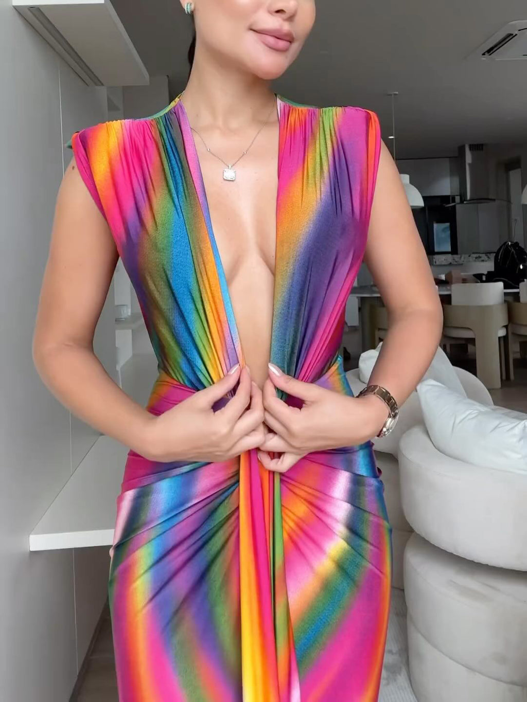 Women’s Deep V-Neck Rainbow Pleated Maxi Dress