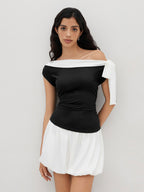 Women’s Color-Block Off-Shoulder Sleeveless Top with Bow-Tie Neck
